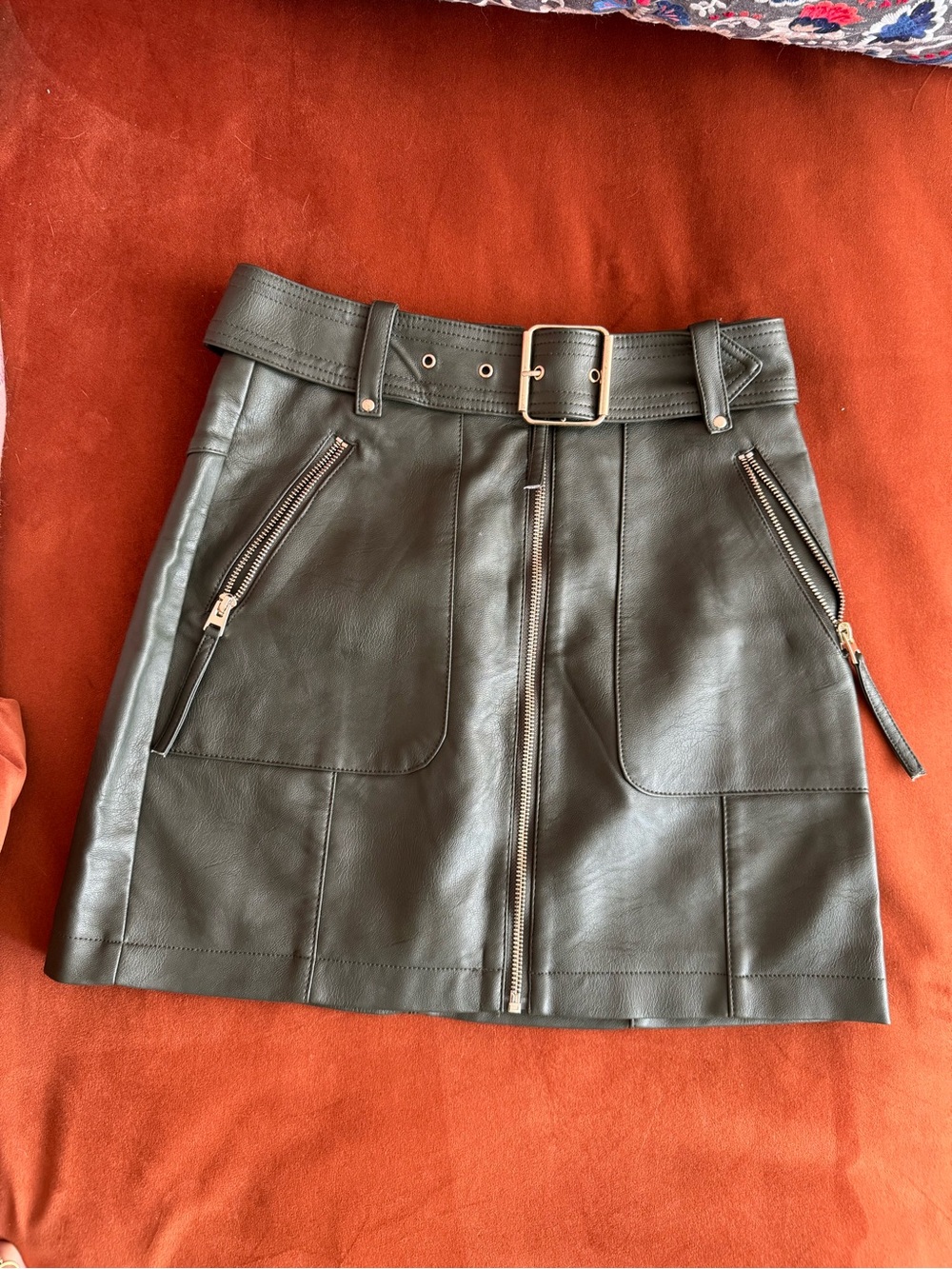 Topshop Olive Green Faux Leather Mini Skirt US4